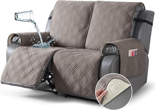 TAOCOCO 100% Waterproof Loveseat Recliner Cover, Non Slip Split Recliner Couch Cover with Elastic Straps, Washable Reclining Sofa Cover Furniture Protector for Kids, Dogs, Pets(2 Seater, Light Brown)