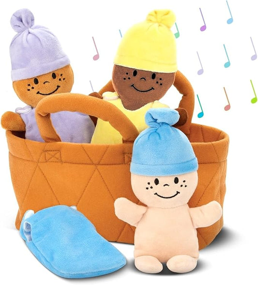 Bundaloo Basket of Babies with Realistic Giggling Sounds - Plush Baby Doll Set with Carrier 3 Multicultural