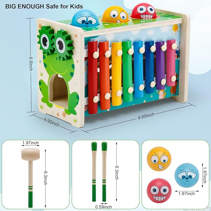 6-in-1 Pound A Ball Toy for Toddlers 1 2 3 - Hammering Pounding & Tapping Toy with Xylophone, Gear 1st Birthday