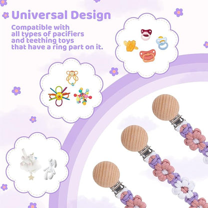Pacifier Clip for Boys Girls Floral Daisy Macrame Baby Paci (2pack:Pink Daisy