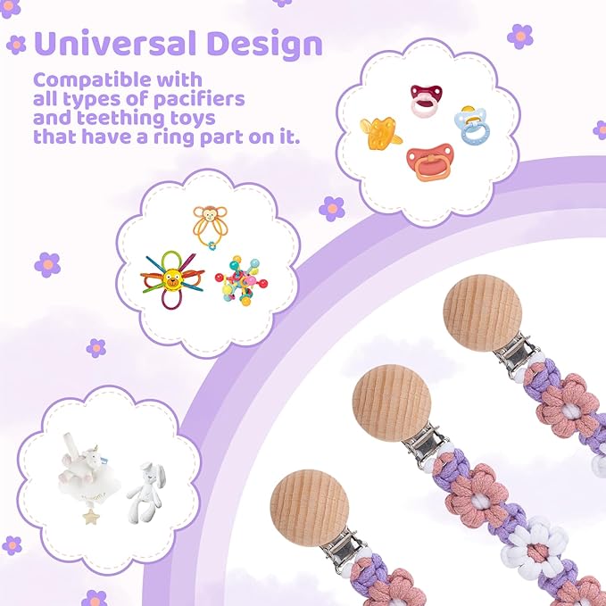 Pacifier Clip for Boys Girls Floral Daisy Macrame Baby Paci (1pack:Lavender Style)