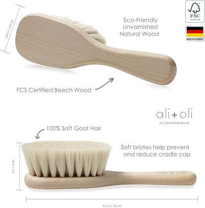 Ali+Oli Newborn Wooden Hair Brush- Baby Brush Set for Newborns- Baby Hair Brush with Mini Loofah- Infant Hair Brush, Cradle Cap, Wooden Baby Brush with Soft Goat Bristle