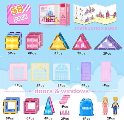 Princess Magnetic Tile Castle 3D Building Block Set - Sensory STEM Educational Building Toddler Kids Toys - Pink Magnetic Building Block with Doll Girl Birthday Gift for 3 4 5 6 7 8 Years Old