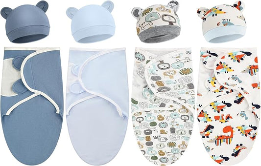 Buryeah 4 Pack Preemie Swaddle Blanket Wrap Set with Hat for Baby Boys Girls 3-7 Lbs Preemie Newborn Clothes Sleepers Cap