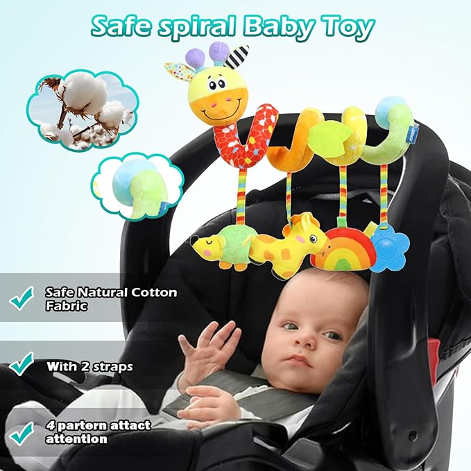 Spiral Car Seat Toys Stroller Toy for Babies - Baby Crib Hanging Rattles Toys for Babies 0-12 Months, Carseat Pram Crib with Musical Rattle Toy for Newborn Boys Girls Gifts（Giraffe）