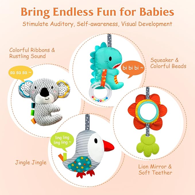 XIXILAND Car Seat Toys Baby Toys 0-3 Months Developmental, Stroller Toys Infant Toys 0-6 Months Newborn Toys, Carseat Toys for Infants 0-12 Months with Dinosaur, Lion Mirror, Teether