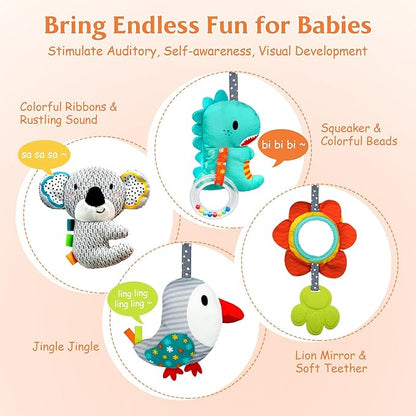 XIXILAND Car Seat Toys Baby Toys 0-3 Months Developmental, Stroller Toys Infant Toys 0-6 Months Newborn Toys, Carseat Toys for Infants 0-12 Months with Dinosaur, Lion Mirror, Teether
