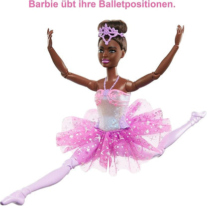 Barbie Dreamtopia Doll, Twinkle Lights Posable Ballerina with 5 Light-Up Shows, Sparkly Purple Tutu, Black Hair & Hair Accessory