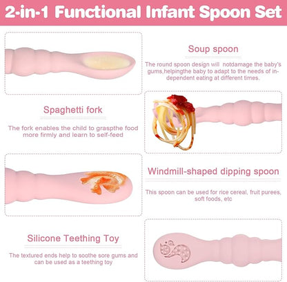 Silicone Baby Spoons Self Feeding 6+ Months 3PCS Toddler Forks and Spoons Utensils Baby Led Weaning Teething Spoon Infant Spoons First Stage Newborn Baby Essentials Baby Gifts Pink