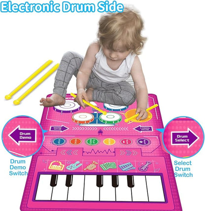 1 2 3 Year Old Girl Birthday Gift Toys, 2 in 1 Musical Toys for Toddlers 1-3 Piano Keyboard & Drum Mat with 2 Drum Sticks Toddler Toys Age 1-2 1 Year 2 Year
