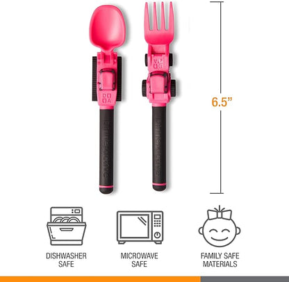 Dinneractive Utensil Set for Kids – Construction Themed Toddler Forks and Spoons, Toddler Utensils – 2PC Set – Fuchsia Construction Utensils For Toddlers - Loader & Tractor Toddler Spoons and Forks