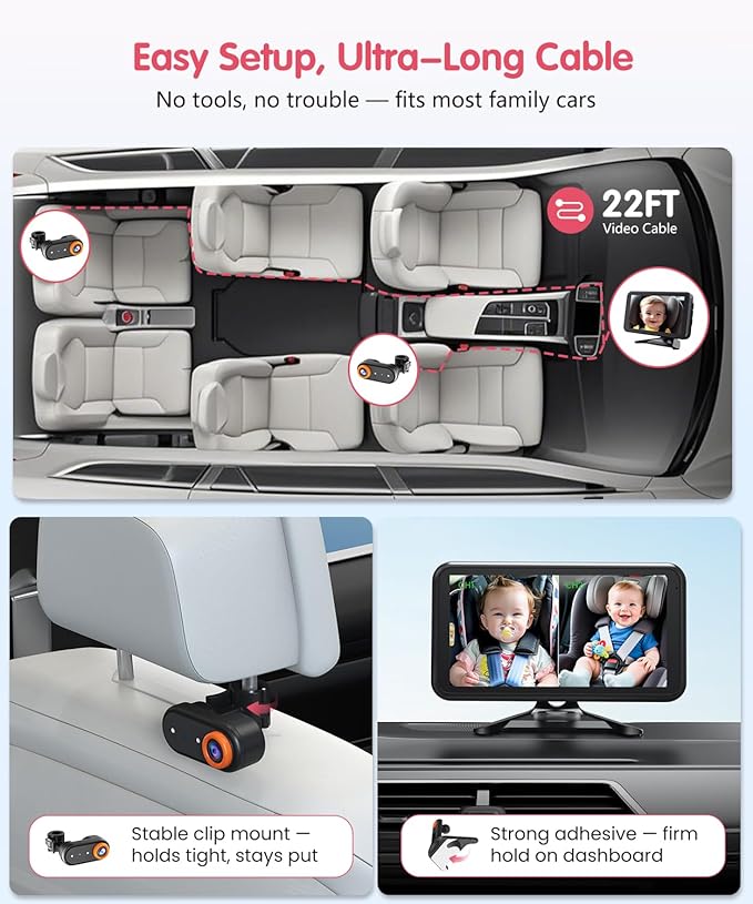 Baby Car Camera – Dual 1080P Rear-Facing Monitor for 2 Kids with 5.2" HD Display, Night Vision, Easy Install & Anti-Shake Mount for Car Seat View