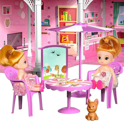 TEMI Villa Toys for 3 4 5 6 7 8 Years Old Girls - 3 Storeys 8 Rooms, Indoor Playset with 2 Dolls Toy Figures, Toys Furniture and Accessories, Pretend Girls Plays, Building Toys, Gifts Toy