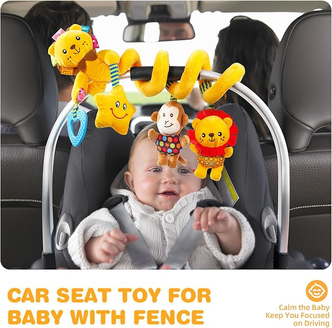 Jollybaby Baby Car Seat Stroller Toys, Plush Activity Hanging Spiral Activity Pram Crib with Music Box, Rattles, Squeaker for Babies Infant Boys Girls(Little Lion)