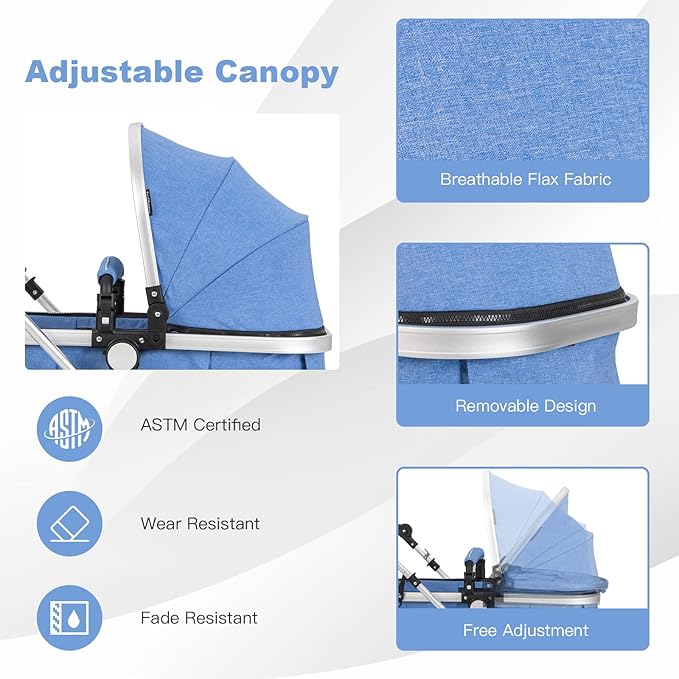 BABY JOY Baby Stroller, 2-in-1 Convertible Bassinet Reclining Stroller, Foldable Pram Carriage with 5-Point Harness, Including Cup Holder, Foot Cover, Diaper Bag, Aluminum Structure, Blue