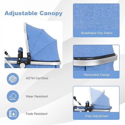 BABY JOY Baby Stroller, 2-in-1 Convertible Bassinet Reclining Stroller, Foldable Pram Carriage with 5-Point Harness, Including Cup Holder, Foot Cover, Diaper Bag, Aluminum Structure, Blue