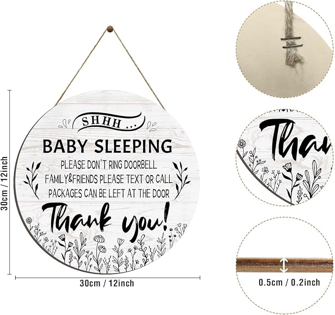 Pigort Funny Baby Sleeping Hanging Sign Plaque, Do Not Knock Or Ring The Bell (12x12inch)(Round-White)