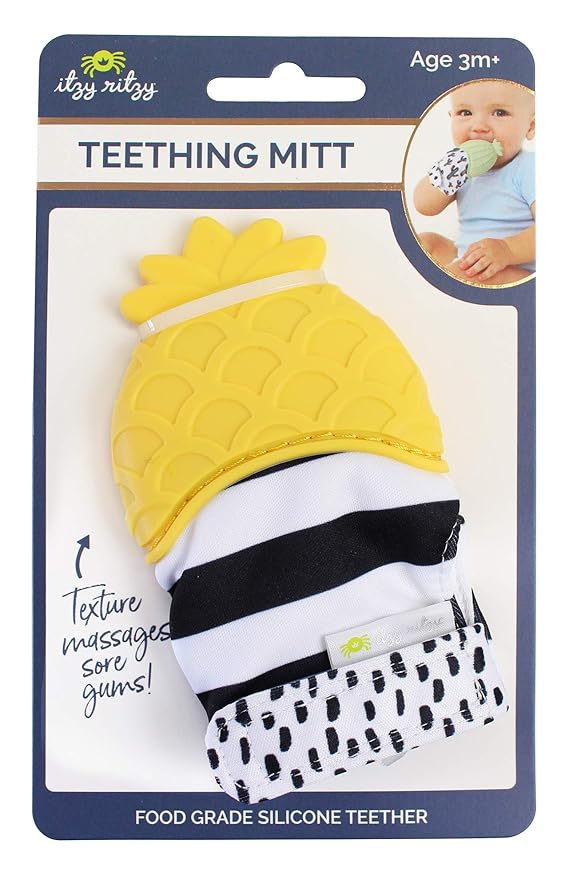 Itzy Ritzy Silicone Teething Mitt - Soothing Infant Teething Mitten with Adjustable Strap, Crinkle Sound & Textured Silicone to Soothe Sore & Swollen Gums 3 Mos