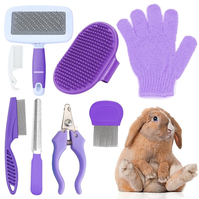 VCZONE 8 Pcs Small Animal Pink Grooming Kit, Rabbit Grooming Kit with Pet Nail Clipper and File, Flea Comb, Pet Shampoo Bath Brush , Pet Shedding Slicker Brush, Bath Massage Glove, Cleaning Comb