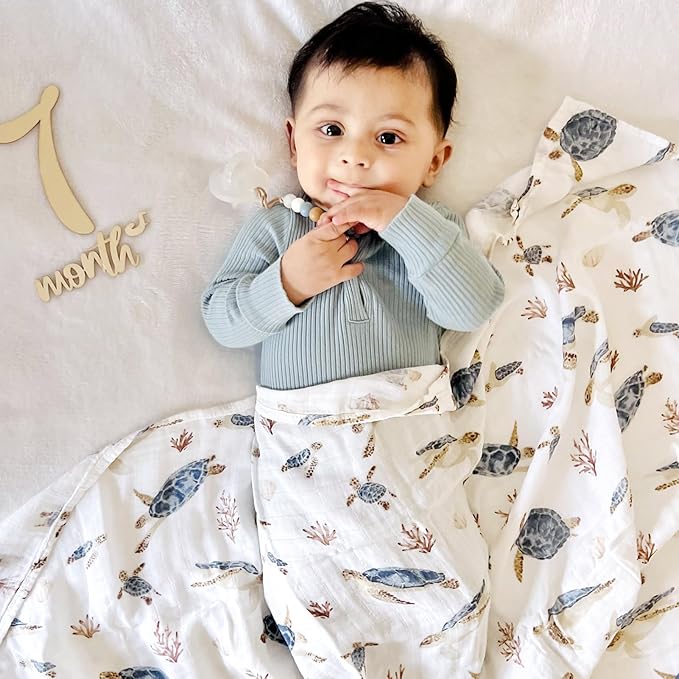 LifeTree Muslin Swaddle Blankets, Baby Swaddling Wrap Nursery Receiving Blanket for Boys & Girls, Soft 70% Viscose from Bamboo and 30% Cotton, Large 47 x 47 inches, Sea Turtle & Solid Colors