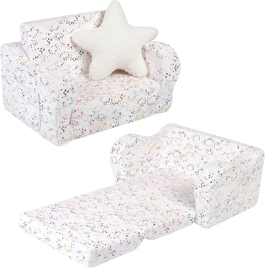 Shiny Star Toddler Couch, 2-in-1 Toddler Soft Couch Fold Out with Star Pillow, Convertible Sofa to Lounger for Girls and Boys, 1-Seat