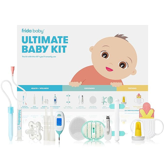 Frida Baby Ultimate Baby Kit | Baby Essentials Gift Set Includes Wellness, Sick Day, Gas Relief Essentials, Grooming Tools & Teething Toys