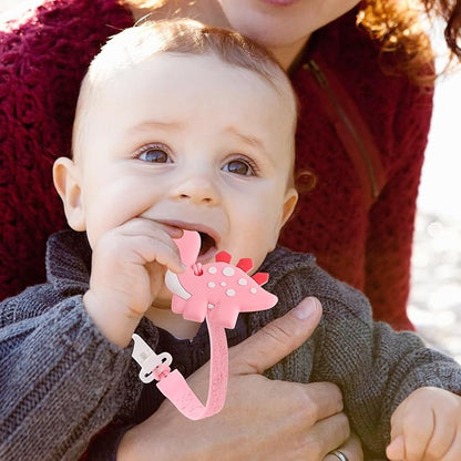 Baby Teething Toys, Dinosaur Teether Pain Relief Toy with One Piece Design Pacifier Clip Holder Set for Newborn Babies