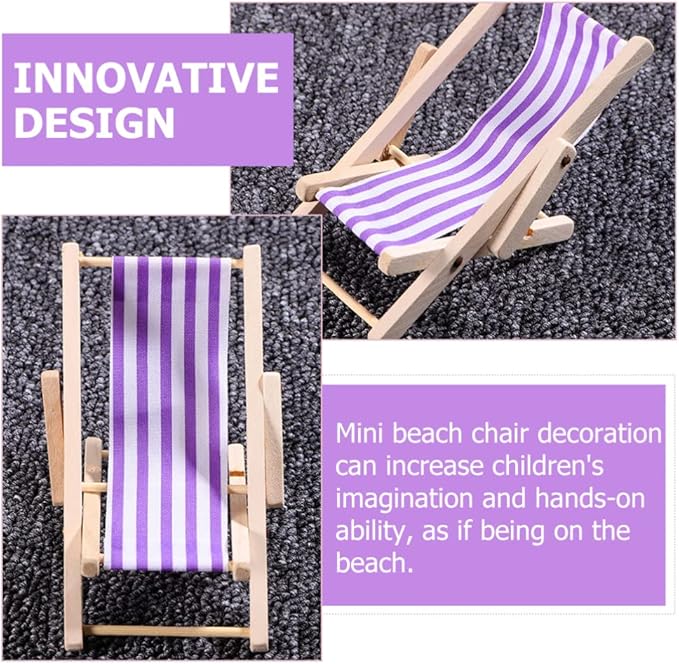 STOBOK Beach Accessories 3 Pcs Miniature Beach Chair Foldable Wooden Beach Chair Mini Lounge Chair Model Stripe Sunbath Chair and Desk Set Adorn for Kids Adults (Purple) Tiny Home