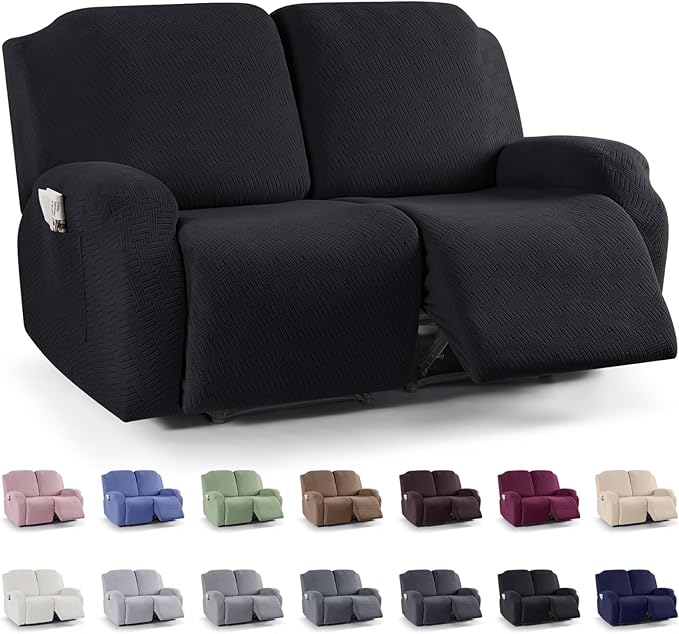 KinCam Recliner Covers, Stretch Reclining Chair Covers, Recliner Sofa Slipcovers Stripe Jacquard Recliner Couch Covers Furniture Protector Covers for Pet Kid (2XL Seater, Black)
