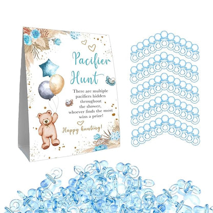 Winnie Pacifier Hunt Sign, Mini Pacifiers Baby Shower Game Set 50Pcs Blue
