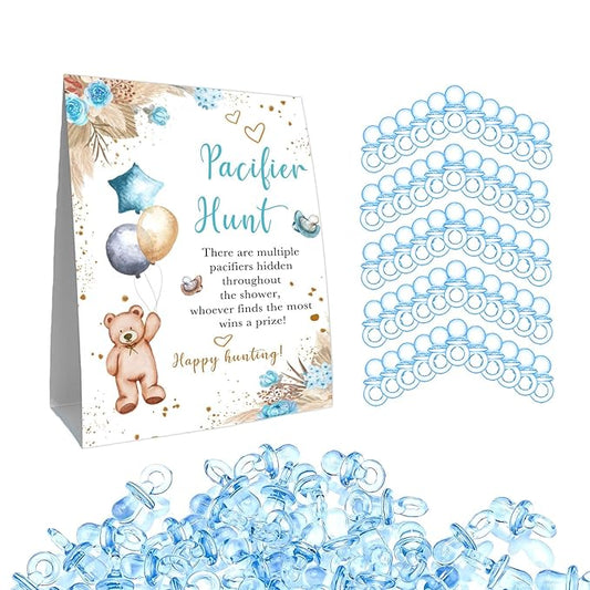 Winnie Pacifier Hunt Sign, Mini Pacifiers Baby Shower Game Set 50Pcs Blue