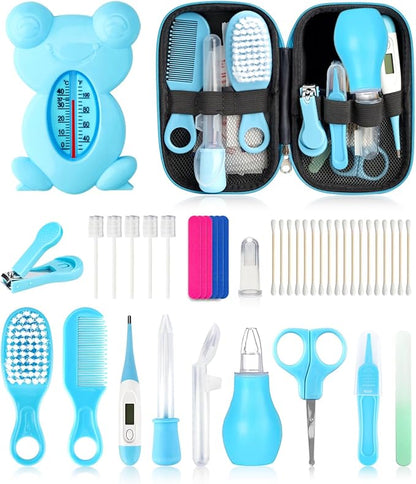 Baby Grooming and Healthcare Kit, Portable Baby Safety Care Set with Hair Brush Comb Nail Clipper Nasal Aspirator for Nursery Newborn Infant Girl Boy (25 in 1, Blue)