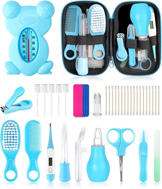 Baby Grooming and Healthcare Kit, Portable Baby Safety Care Set with Hair Brush Comb Nail Clipper Nasal Aspirator for Nursery Newborn Infant Girl Boy (25 in 1, Blue)