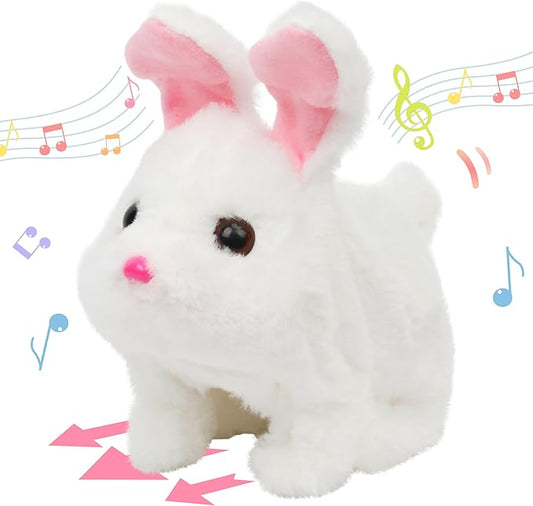 Hopearl Hopping Chubby Rabbit Interactive Electronic Pet Plush Bunny Toy with Sounds and Movements Animated Walking Wiggle Ears Twitch Nose Gifts for Toddlers Birthday, White 7''
