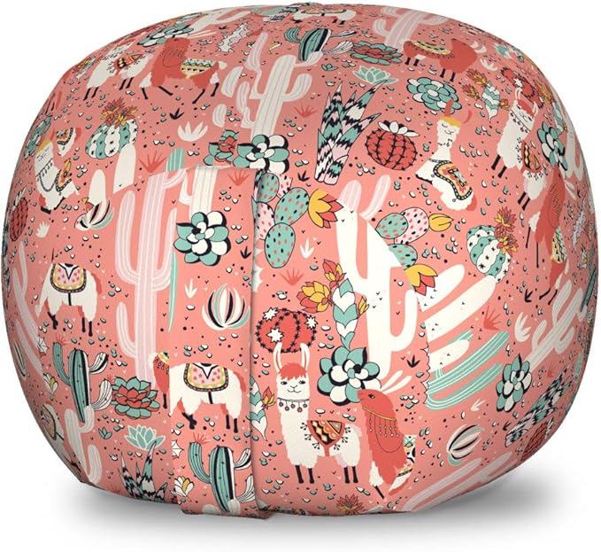 Lunarable Cactus Storage Toy Bag Chair, Cartoon Illustration of Arizona Mexico Desert with Succulent Plants and Llama Alpaca, Stuffed Animal Organizer Washable Bag, Small Size, Coral Pink