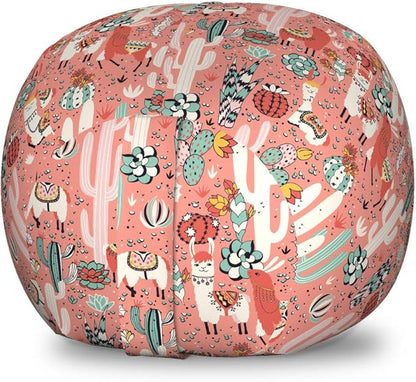 Lunarable Cactus Storage Toy Bag Chair, Cartoon Illustration of Arizona Mexico Desert with Succulent Plants and Llama Alpaca, Stuffed Animal Organizer Washable Bag, Small Size, Coral Pink