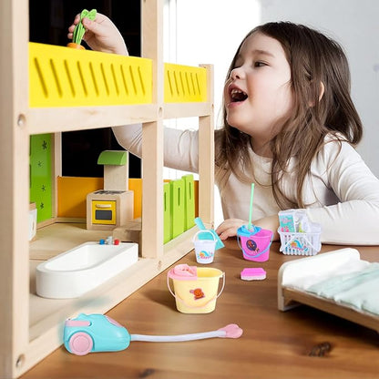 22 Pieces Miniature Bucket Doll Housework Cleaning Supplies Mini Dollhouse Accessories Mop Dustpan, Brush