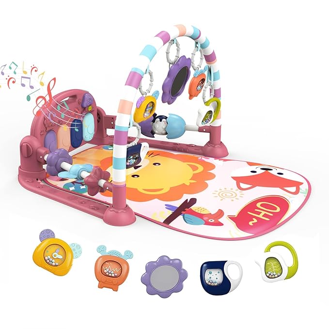 dearlomum Baby Play Mat Baby Gym,Funny Play Piano Tummy Time Baby Activity Mat with 5 Infant Sensory Baby Toys 0 to 3 6 9 12