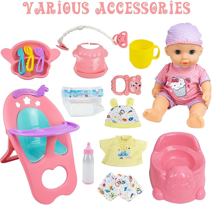 RedCrab Baby Doll Toys Set, Newborn Dolls PlaySet with High Chair Stroller Feeding 15+ pcs 12" Dolls