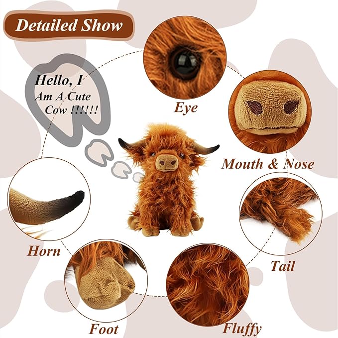 Stuffed Animals Highland Cows Cute Stuff Fluffy Cattle Dolls Skeleton (11 inches,Brown)