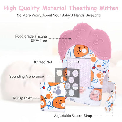 2Pack Silicone Teething Mitt, Soothing Infant Teething Mitten Pain Relief 0-12 Months