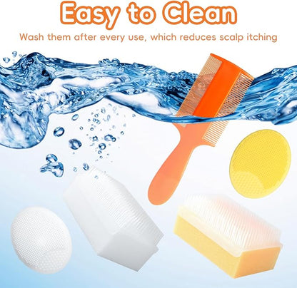 Cradle Cap Brush for Babies, Set of 5 Baby Bath Essentials with Bath Sponge Silicone Scrubber Long Handle Comb for Newborns Toddlers Boys Girls (Orange)