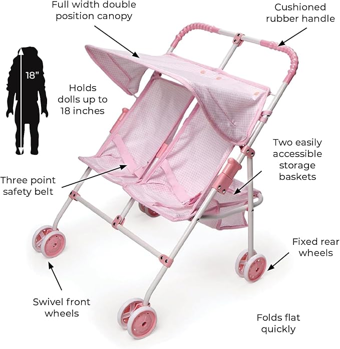 Badger Basket Toy Doll Folding Double Umbrella Stroller with Canopy 18 inch