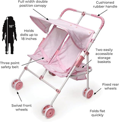 Badger Basket Toy Doll Folding Double Umbrella Stroller with Canopy 18 inch