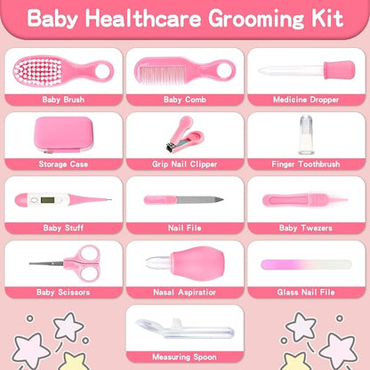 Baby Healthcare and Grooming Kit, Baby Safety Care Set, Baby Electric Nail Trimmer Set Newborn Nursery Health Care Set for Newborn Infant Toddlers Baby Boys Girls Kids (Pink-19 Kits)