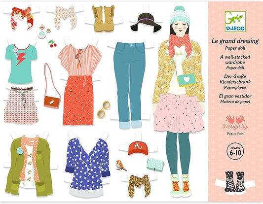 DJECO Paper Doll Fashion Dressing Room - Dress Up Dolls, Endless Outfits for Home, School or Gifts - Fun & Creative for Family & Friends - Playful, Educational Art Toys for Girls, Kids