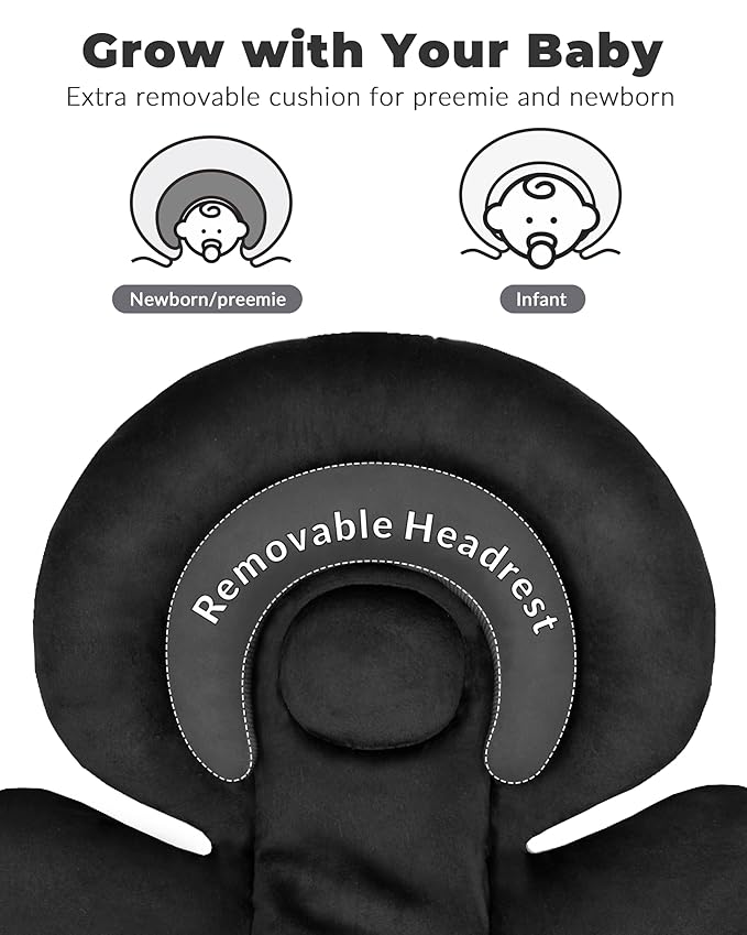 Infant Car Seat Insert with Extra Cushion for Preemie to Infants, Reversible Newborn Carseat Insert Head Support, Fits for Stroller, Baby Swing, Rocker, Bassinets, Pushchair (Pure Black)