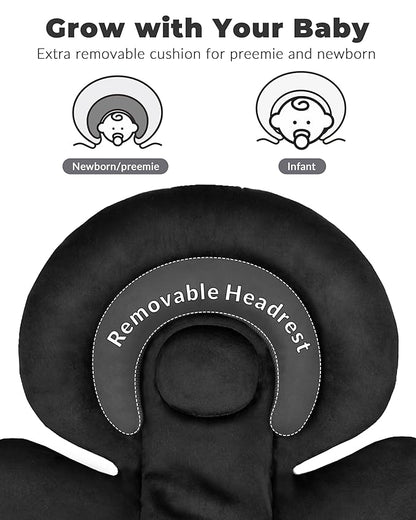 Infant Car Seat Insert with Extra Cushion for Preemie to Infants, Reversible Newborn Carseat Insert Head Support, Fits for Stroller, Baby Swing, Rocker, Bassinets, Pushchair (Pure Black)