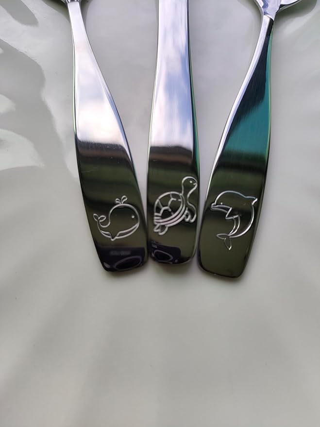 Exzact Children Flatware 6pcs, Stainless Steel Kids Silverware Toddler, Dishwasher Safe, BPA Free, 24M+, Engraved Ocean Creatures Dolphin, Turtle, Whale