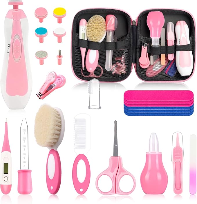 Baby Healthcare and Grooming Kit, Baby Safety Set Newborn Nursery Health Care Set with Hair Brush Scale Measuring Spoon Nail Clippers for Baby Girls Boys (24PCS Pink)